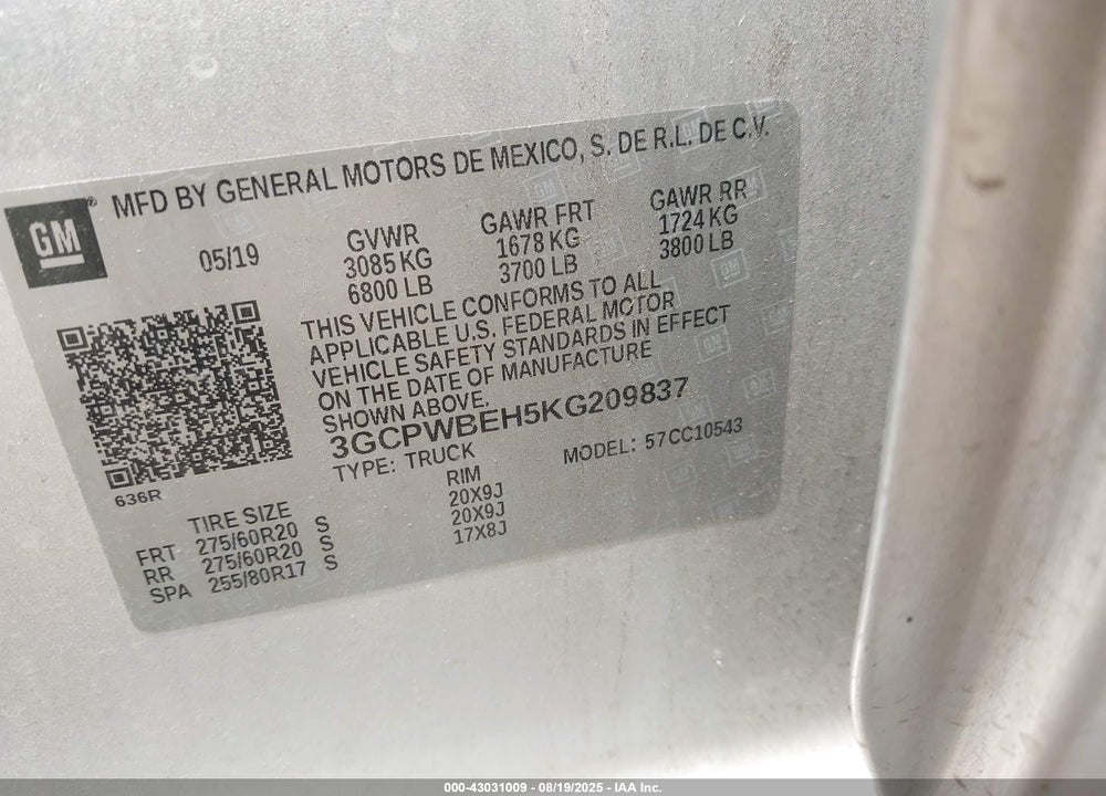 2019 CHEVROLET SILVERADO 1500 VIN: 3GCPWBEH5KG209837