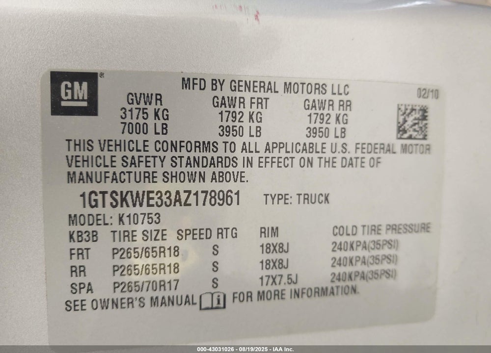 2010 GMC SIERRA 1500 VIN: 1GTSKWE33AZ178961