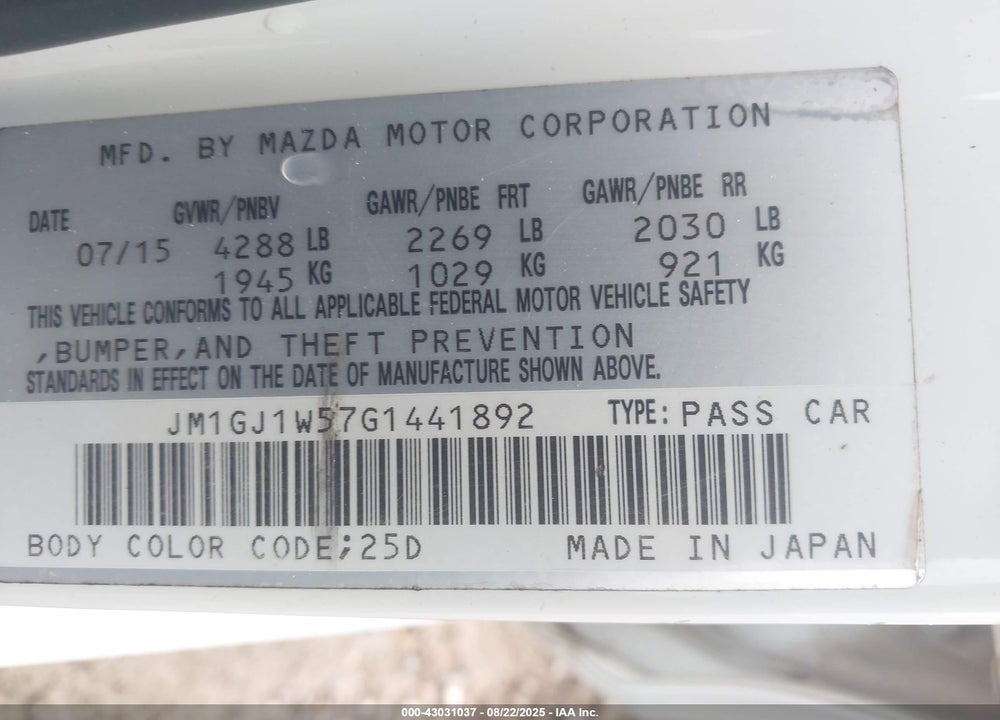 2016 MAZDA 6 I GRAND TOURING VIN: JM1GJ1W57G1441892