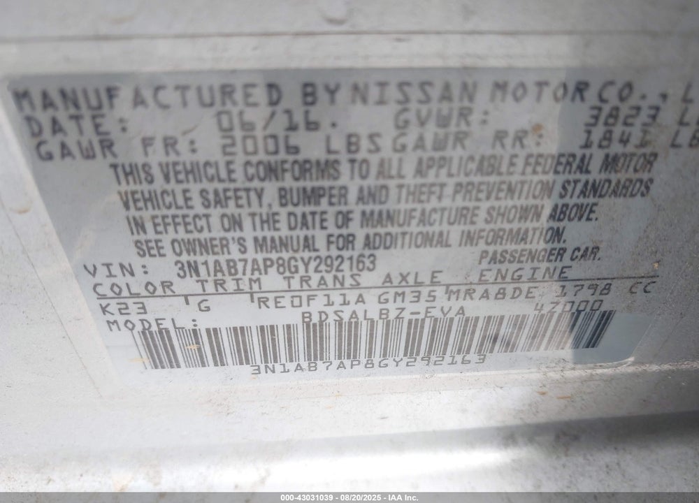 2016 NISSAN SENTRA FE+ S/S/SL/SR/SV VIN: 3N1AB7AP8GY292163