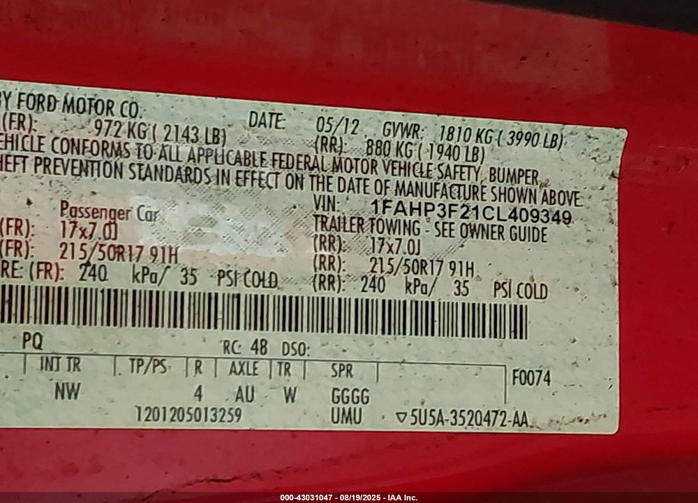 2012 FORD FOCUS VIN: 1FAHP3F21CL409349