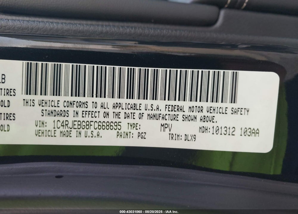 2015 JEEP GRAND CHEROKEE VIN: 1C4RJEBG8FC668695