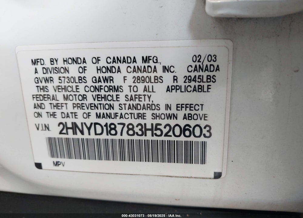 2003 ACURA MDX VIN: 2HNYD18783H520603