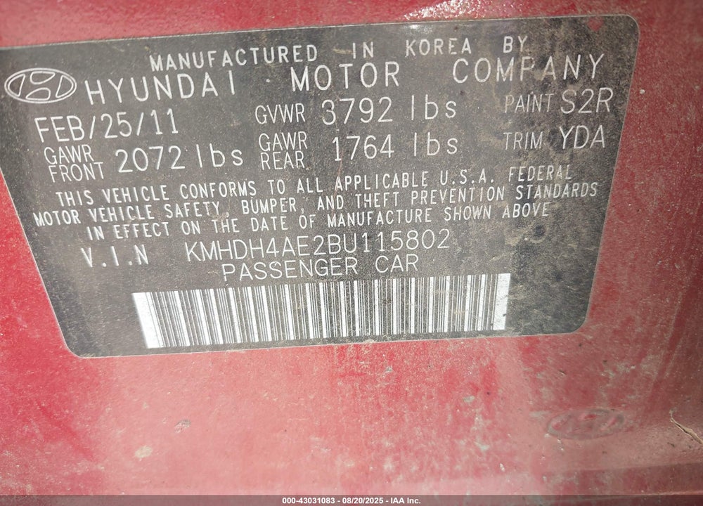2011 HYUNDAI ELANTRA LIMITED (ULSAN PLANT) VIN: KMHDH4AE2BU115802