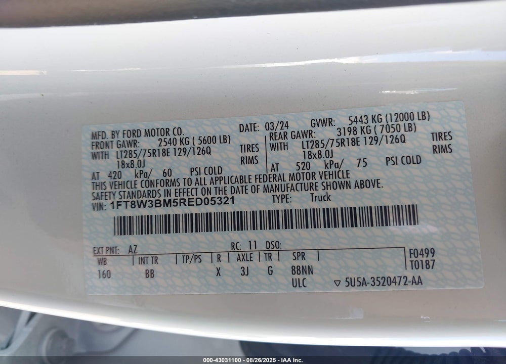 2024 FORD F-350 PLATINUM VIN: 1FT8W3BM5RED05321