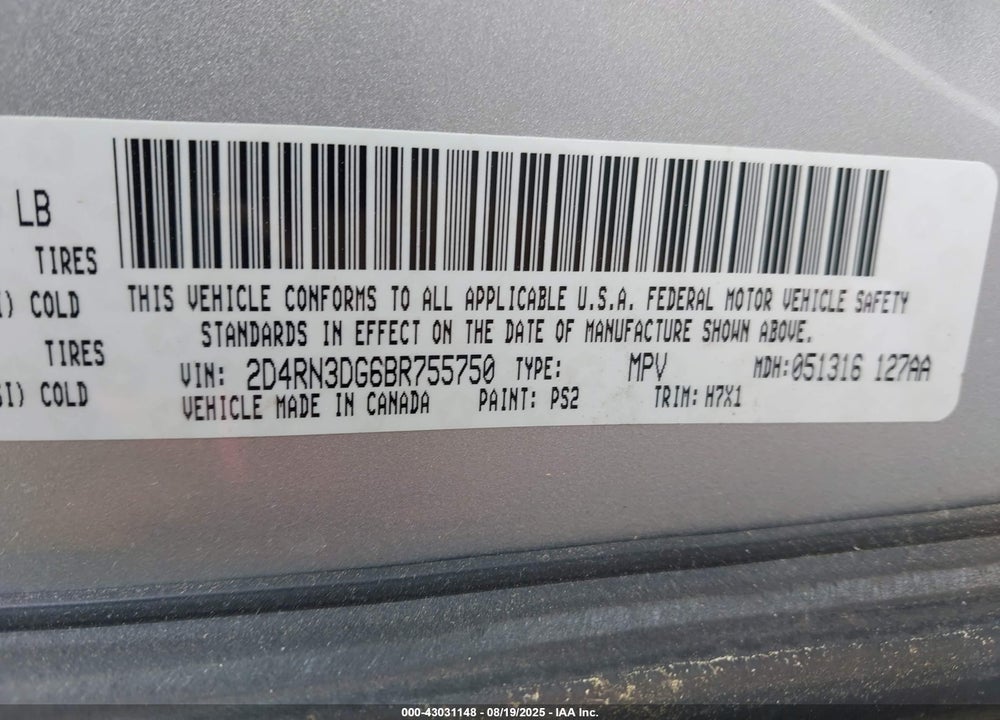 2011 DODGE GRAND CARAVAN MAINSTREET VIN: 2D4RN3DG6BR755750