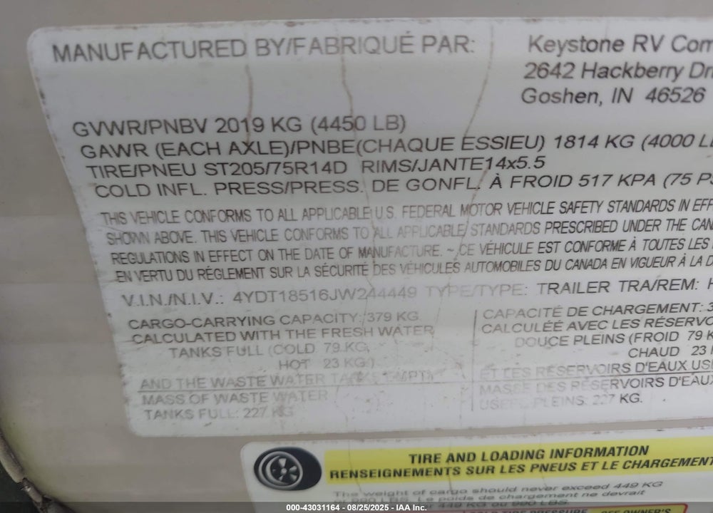 2018 KEYSTONE LHS VIN: 4YDT18516JW244449