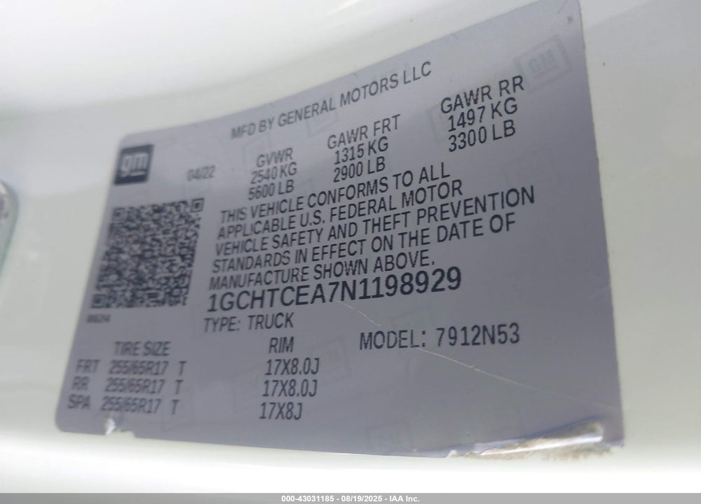 2022 CHEVROLET COLORADO 4WD LONG BOX LT VIN: 1GCHTCEA7N1198929
