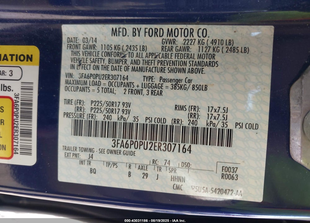 2014 FORD FUSION VIN: 3FA6P0PU2ER307164