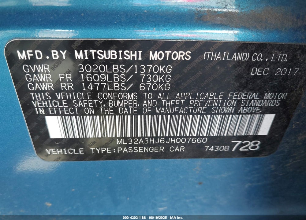 2018 MITSUBISHI MIRAGE VIN: ML32A3HJ6JH007660