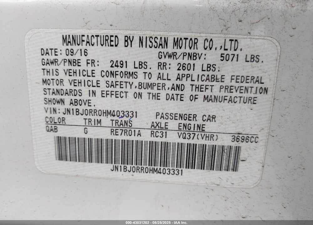2017 INFINITI QX50 VIN: JN1BJ0RR0HM403331