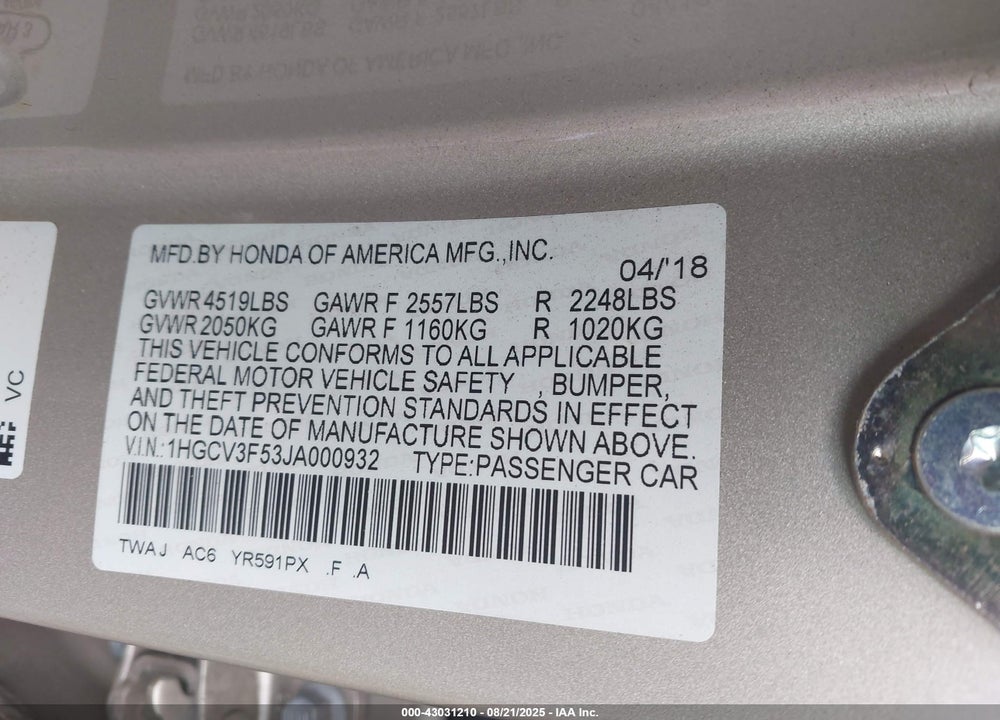 2018 HONDA ACCORD VIN: 1HGCV3F53JA000932