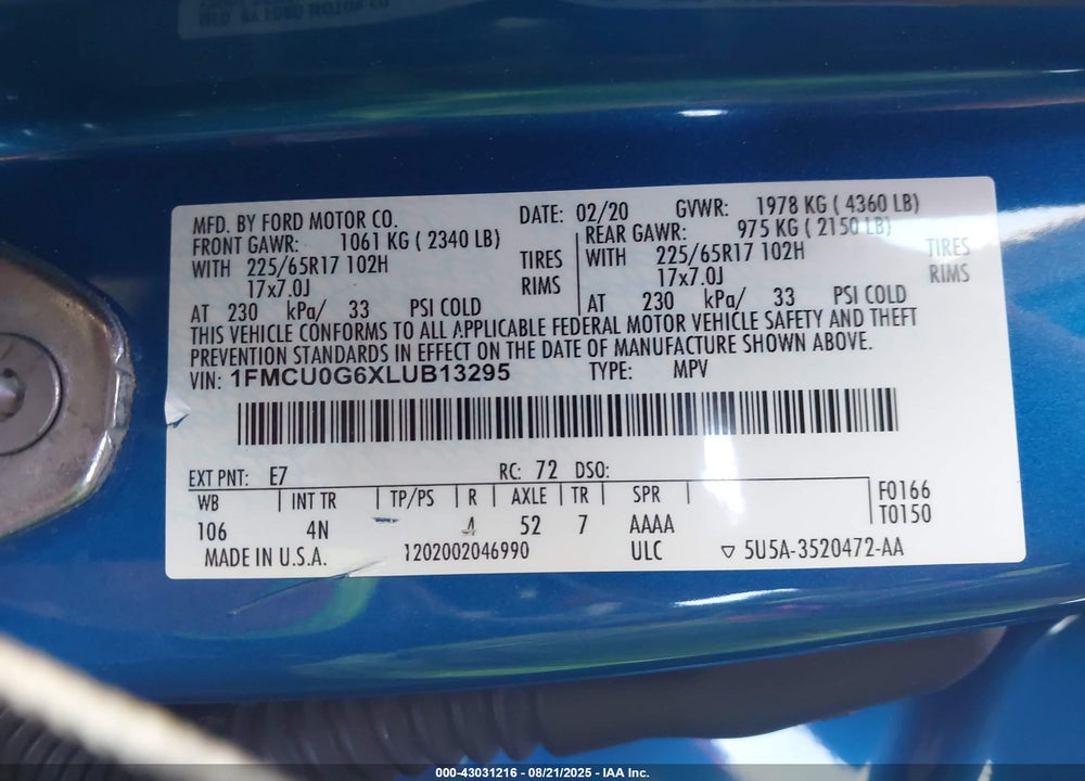 2020 FORD ESCAPE VIN: 1FMCU0G6XLUB13295