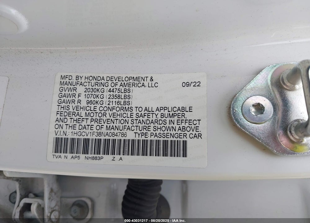 2022 HONDA ACCORD VIN: 1HGCV1F38NA084786