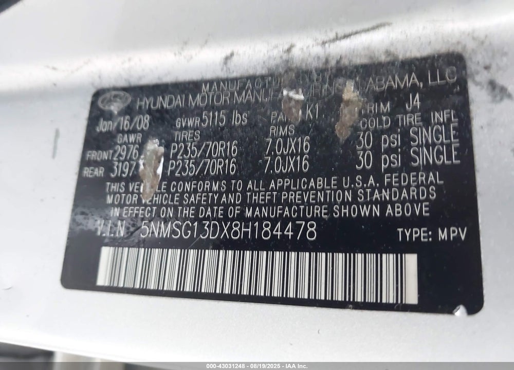 2008 HYUNDAI SANTA FE GLS VIN: 5NMSG13DX8H184478