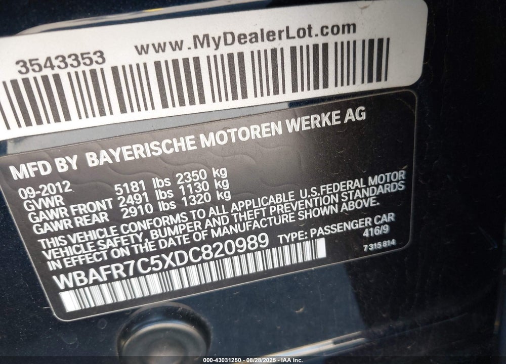 2013 BMW 5 SERIES VIN: WBAFR7C5XDC820989