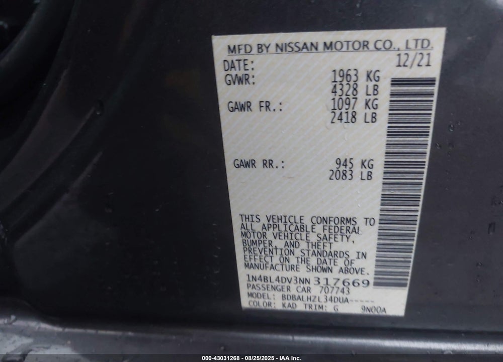 2022 NISSAN ALTIMA SV FWD VIN: 1N4BL4DV3NN317669