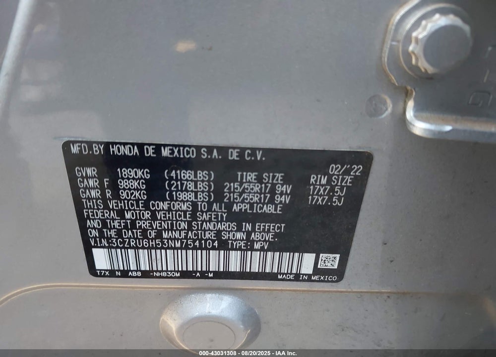 2022 HONDA HR-V VIN: 3CZRU6H53NM754104