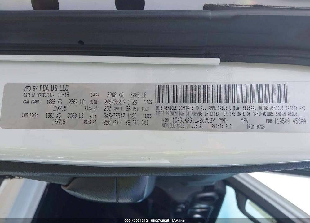 2020 JEEP WRANGLER / VIN: 1C4GJXAG1LW207997