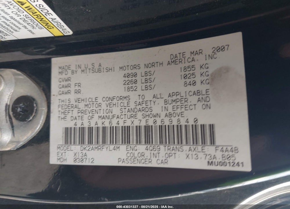 2007 MITSUBISHI ECLIPSE SE VIN: 4A3AK64FX7E069840
