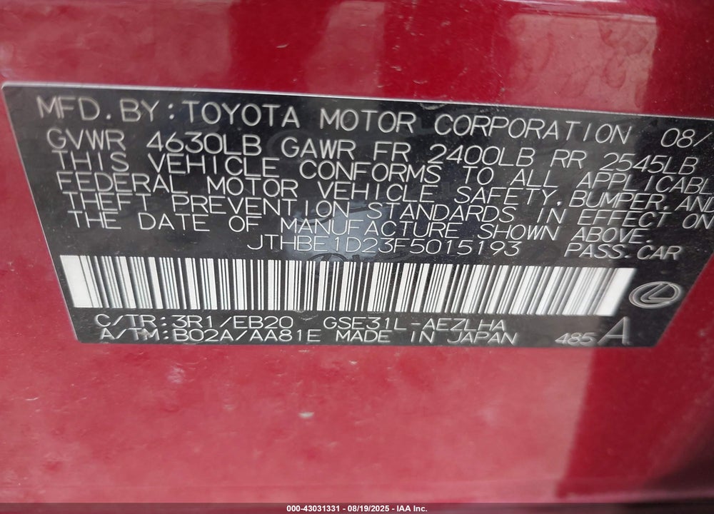 2015 LEXUS IS 350 VIN: JTHBE1D23F5015193