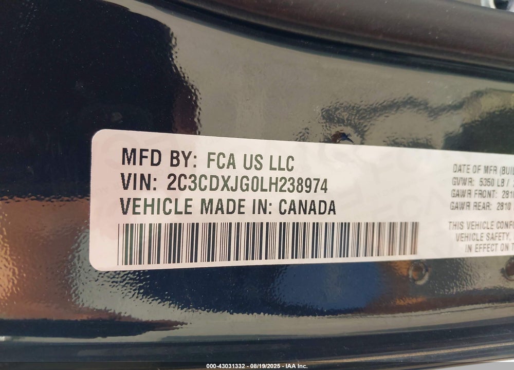 2020 DODGE CHARGER VIN: 2C3CDXJG0LH238974
