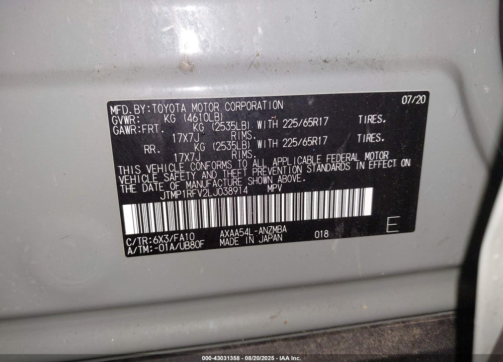 2020 TOYOTA RAV4 VIN: JTMP1RFV2LJ038914