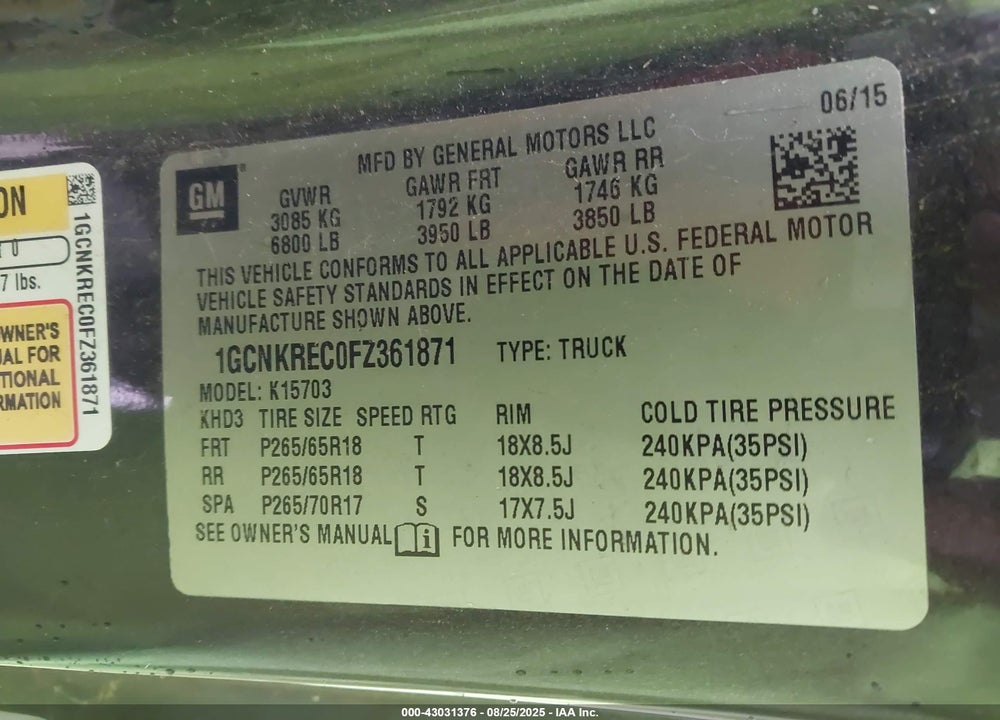 2015 CHEVROLET SILVERADO 1500 2LT VIN: 1GCNKREC0FZ361871