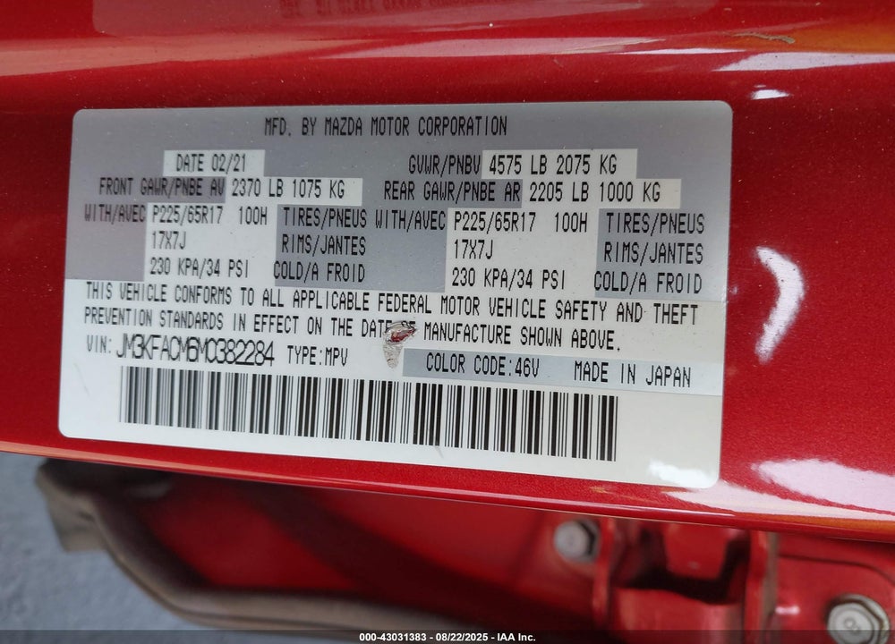 2021 MAZDA CX-5 VIN: JM3KFACM6M0382284