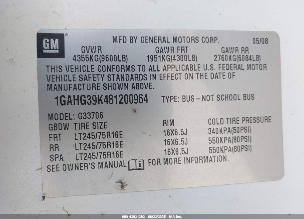 2008 CHEVROLET EXPRESS LS VIN: 1GAHG39K481200964
