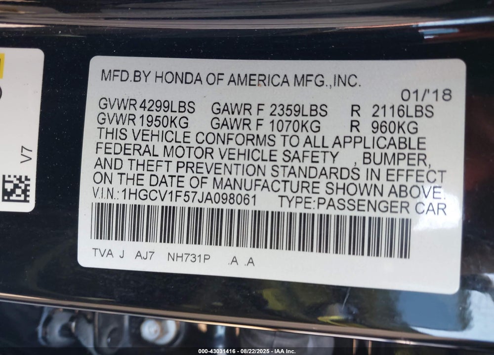 2018 HONDA ACCORD VIN: 1HGCV1F57JA098061