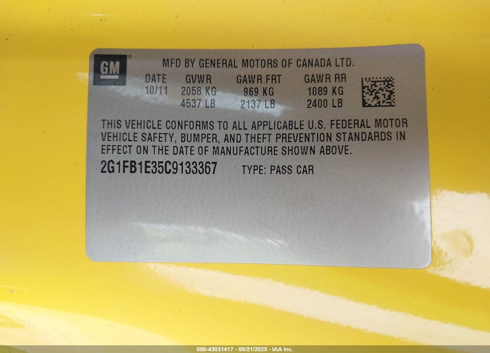 2012 CHEVROLET CAMARO 1LT VIN: 2G1FB1E35C9133367