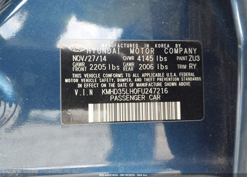 2015 HYUNDAI ELANTRA VIN: KMHD35LH0FU247216
