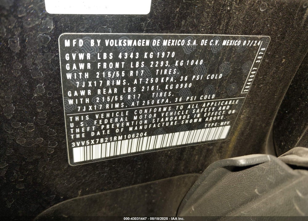 2024 VOLKSWAGEN TAOS VIN: 3VV5X7B21RM106204