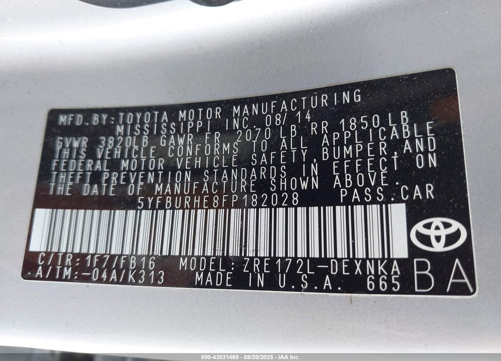 2015 TOYOTA COROLLA VIN: 5YFBURHE8FP182028