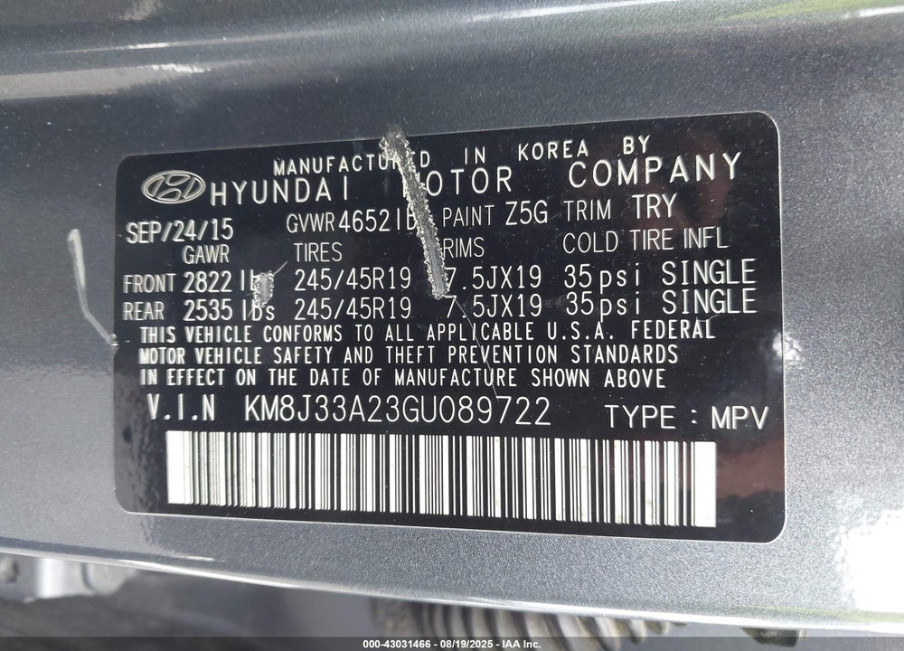 2016 HYUNDAI TUCSON VIN: KM8J33A23GU089722