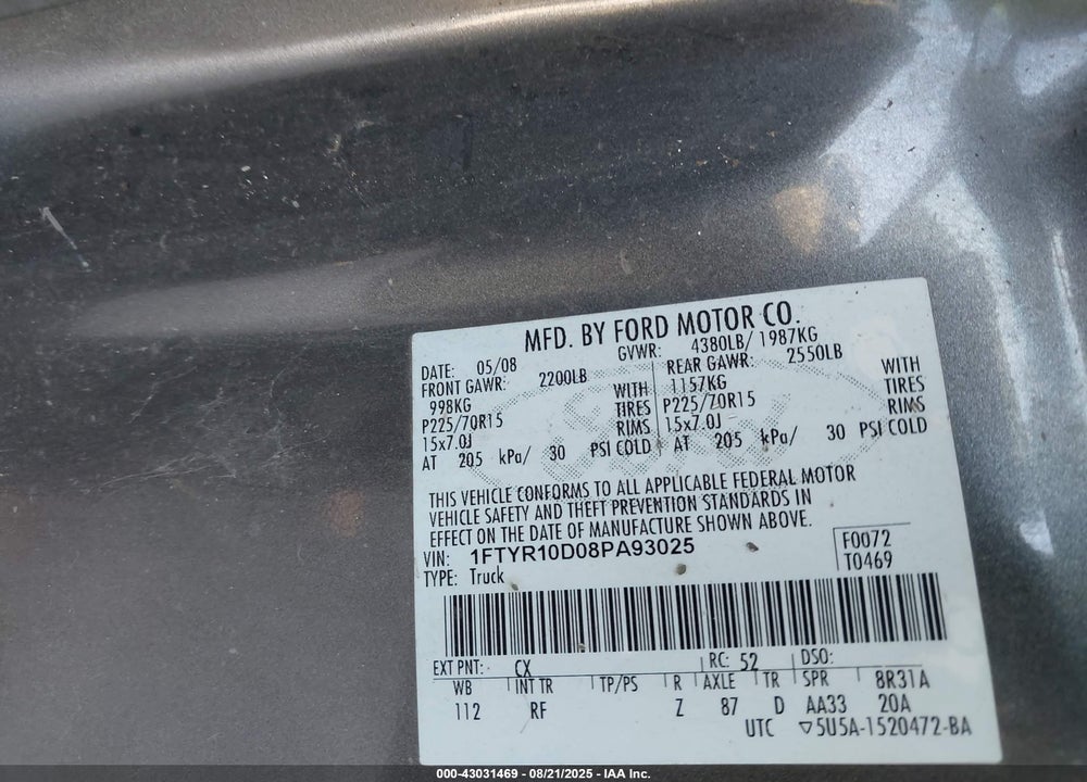 2008 FORD RANGER XL/XLT VIN: 1FTYR10D08PA93025