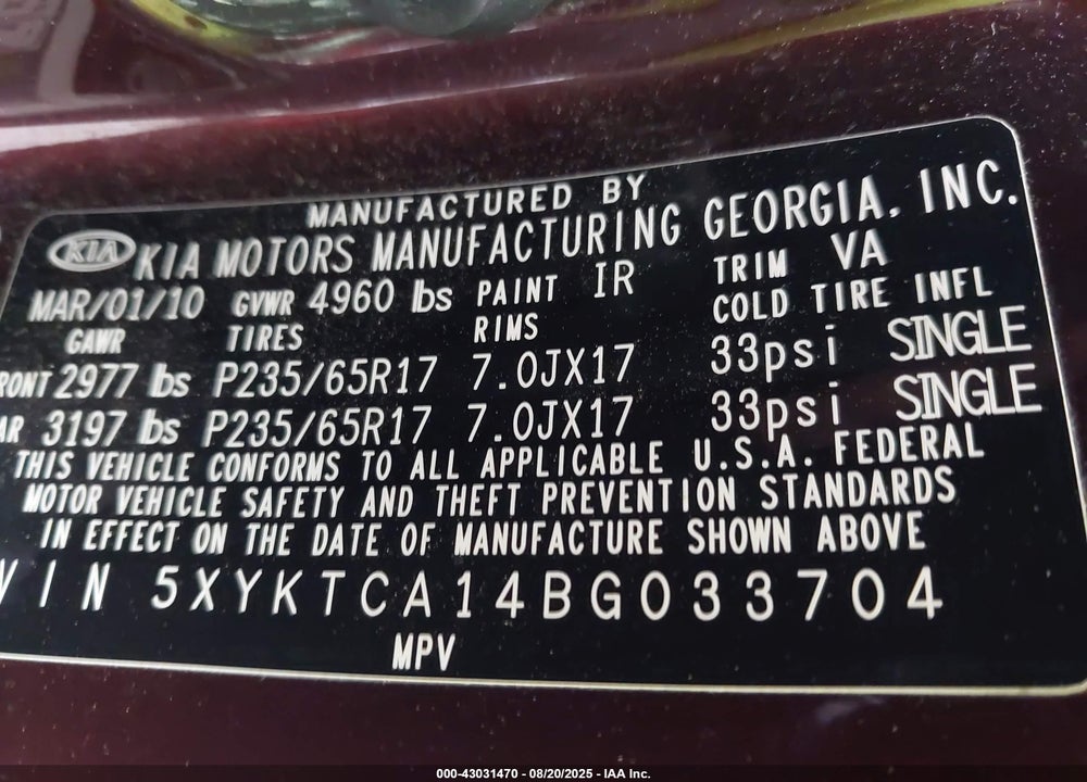 2011 KIA SORENTO VIN: 5XYKTCA14BG033704