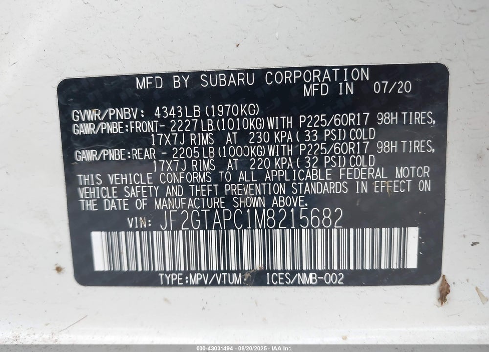 2021 SUBARU CROSSTREK VIN: JF2GTAPC1M8215682