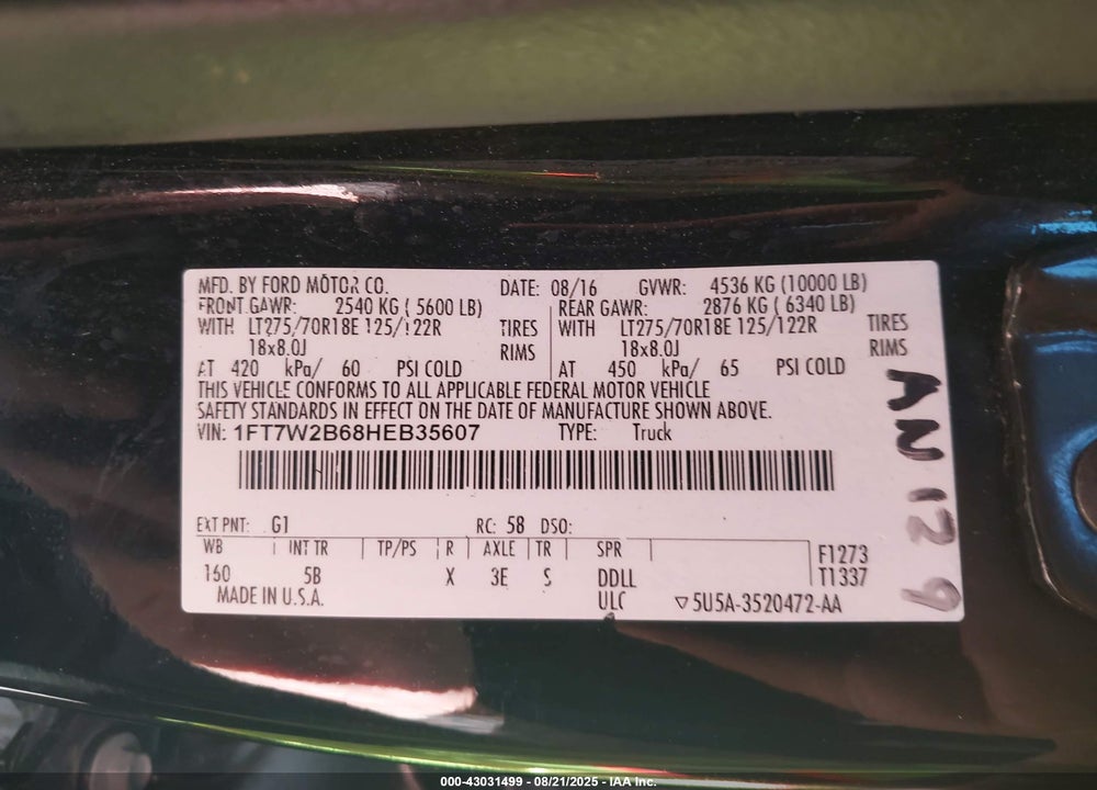 2017 FORD F-250 VIN: 1FT7W2B68HEB35607