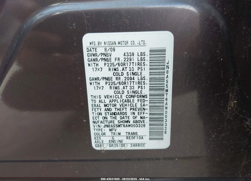 2010 NISSAN ROGUE VIN: JN8AS5MT6AW003326