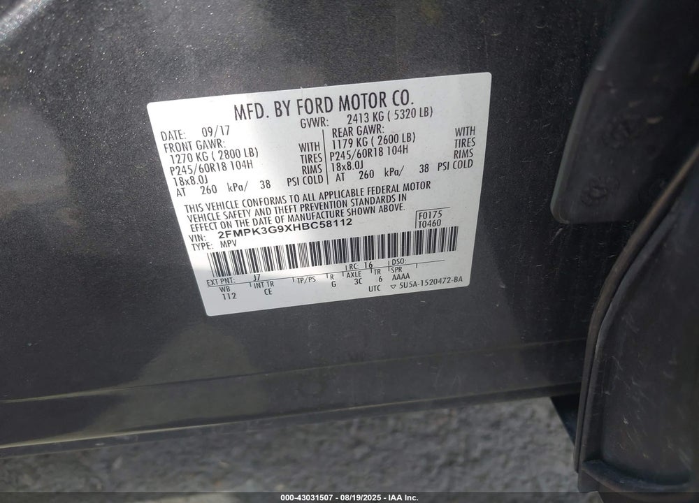2017 FORD EDGE VIN: 2FMPK3G9XHBC58112
