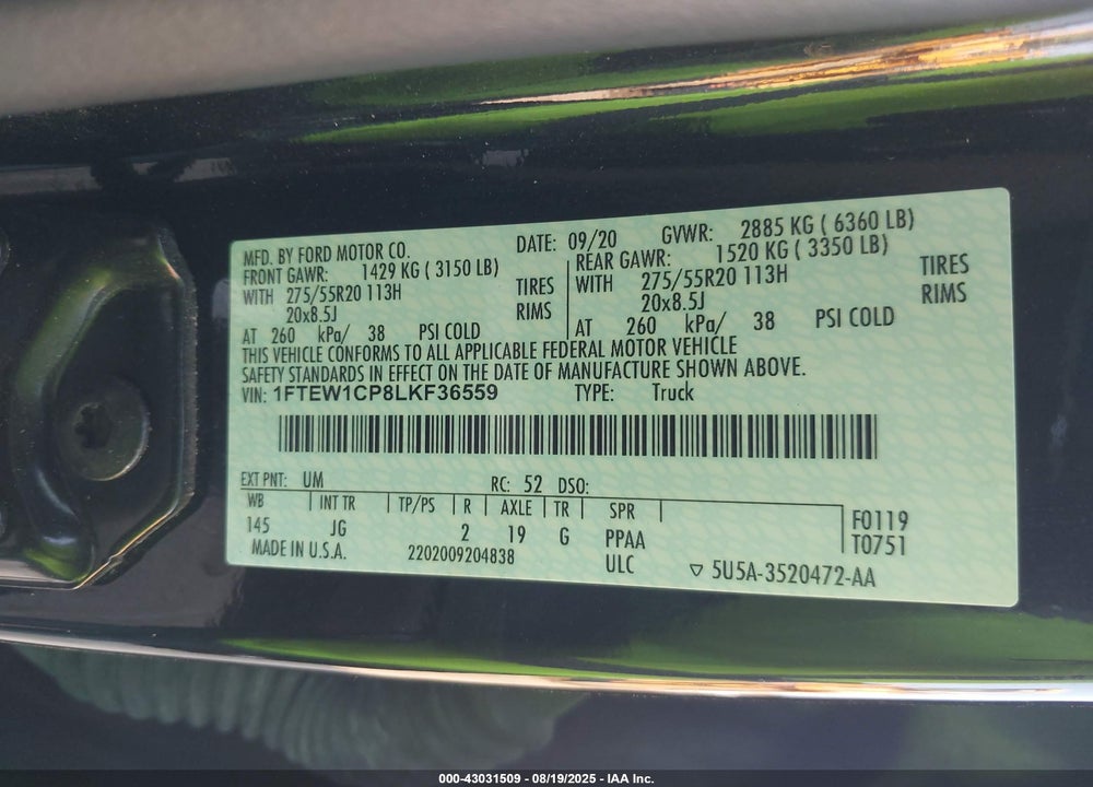 2020 FORD F-150 XL VIN: 1FTEW1CP8LKF36559
