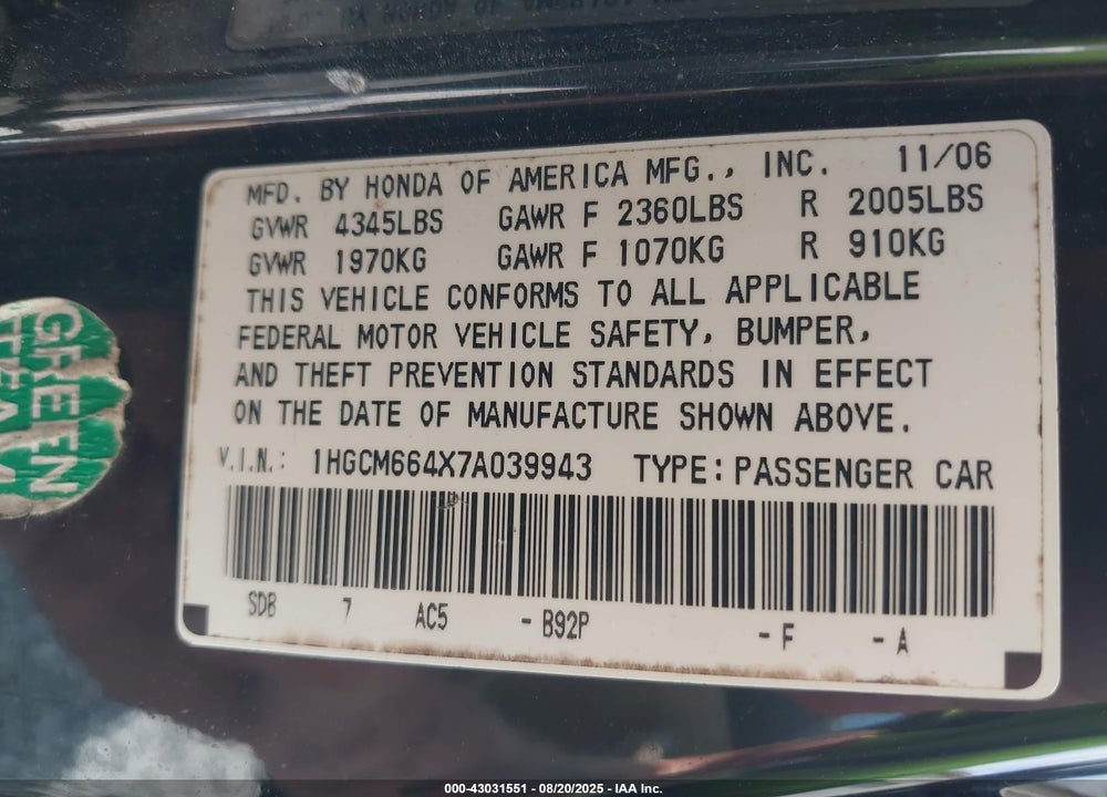 2007 HONDA ACCORD VIN: 1HGCM664X7A039943