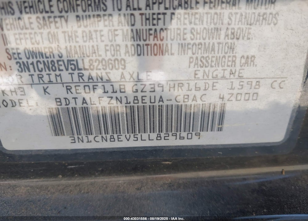 2020 NISSAN VERSA VIN: 3N1CN8EV5LL829609