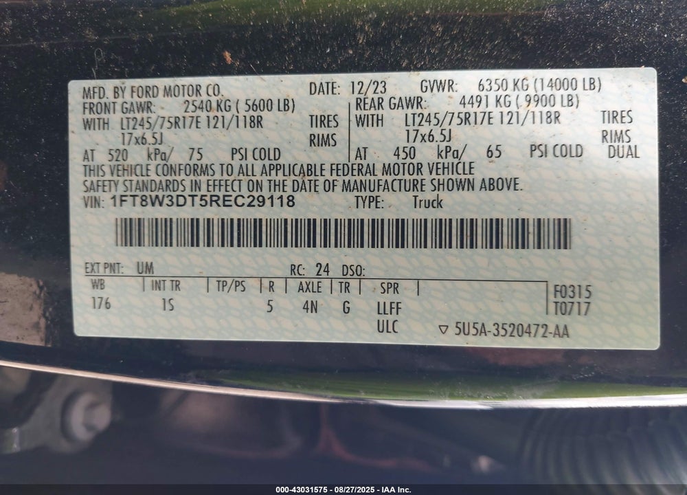 2024 FORD F350 VIN: 1FT8W3DT5REC29118