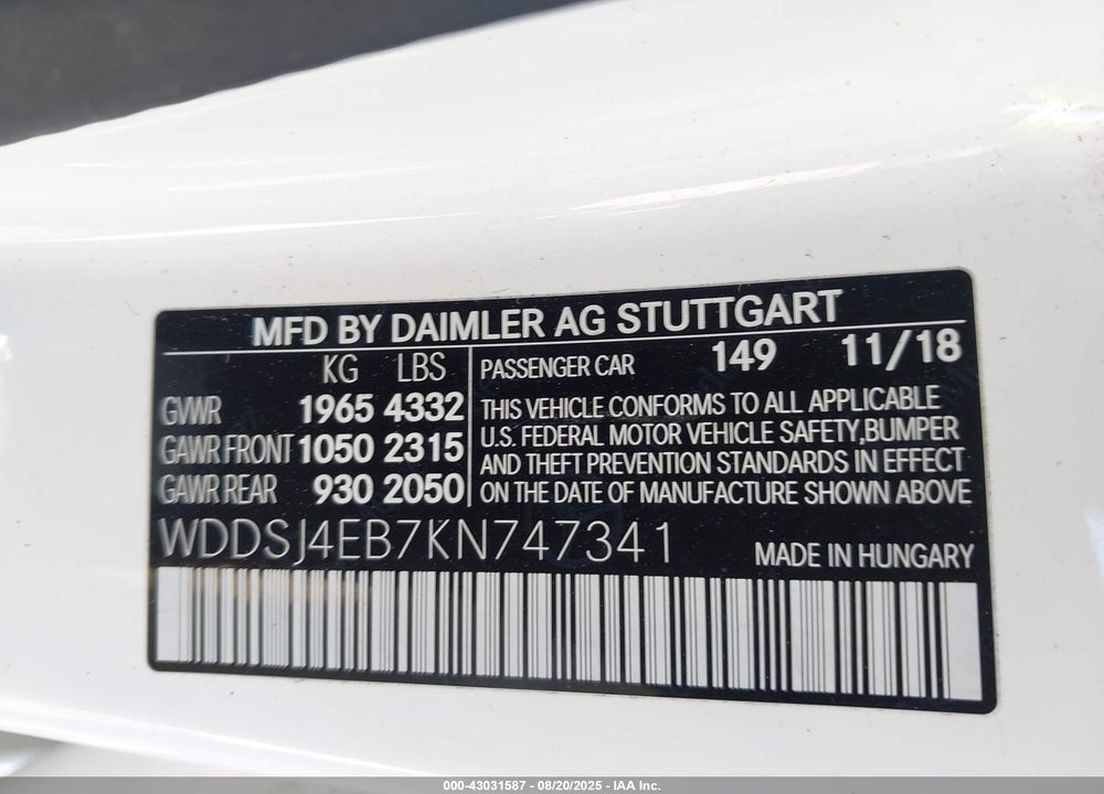 2019 MERCEDES-BENZ CLA-CLASS VIN: WDDSJ4EB7KN747341