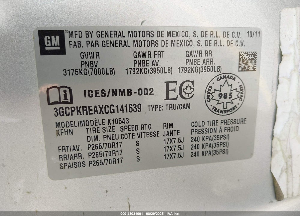 2012 CHEVROLET SILVERADO 1500 VIN: 3GCPKREAXCG141639