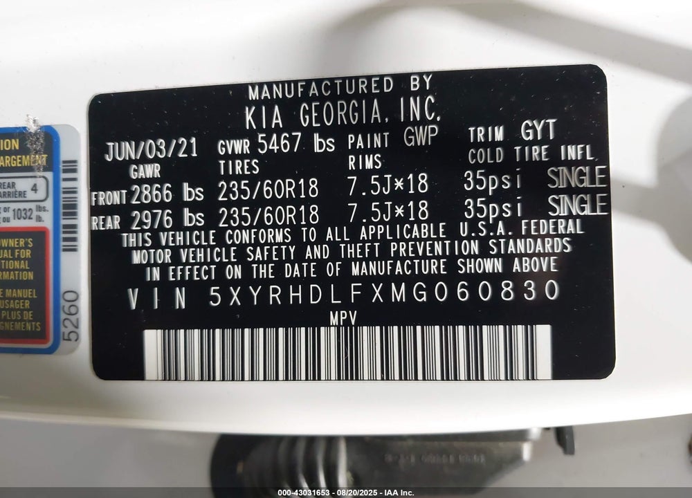 2021 KIA SORENTO VIN: 5XYRHDLFXMG060830
