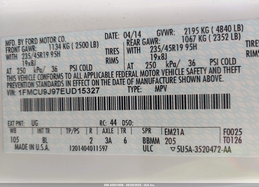 2014 FORD ESCAPE TITANIUM VIN: 1FMCU9J97EUD15327